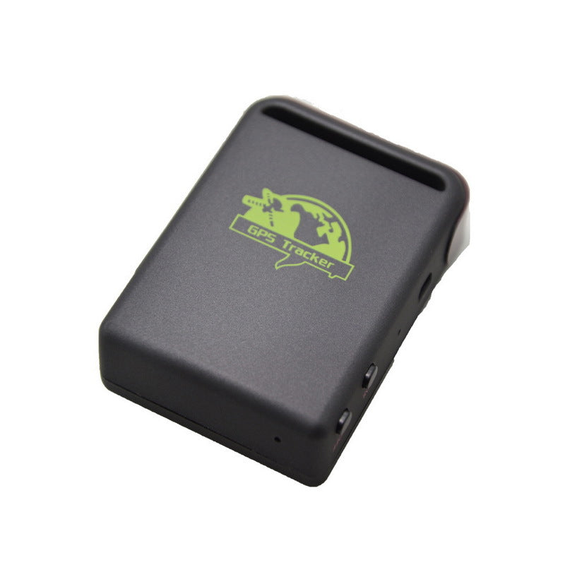 Black TK102B GPS Tracker with lime GPS Tracker logo, angled view