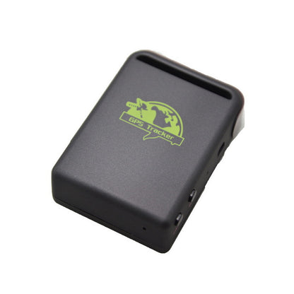 Black TK102B GPS Tracker with lime GPS Tracker logo, angled view