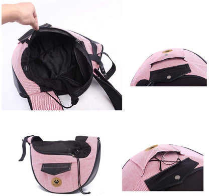 Pink Pet travel bag: open top with drawstring pouch and striped side panel