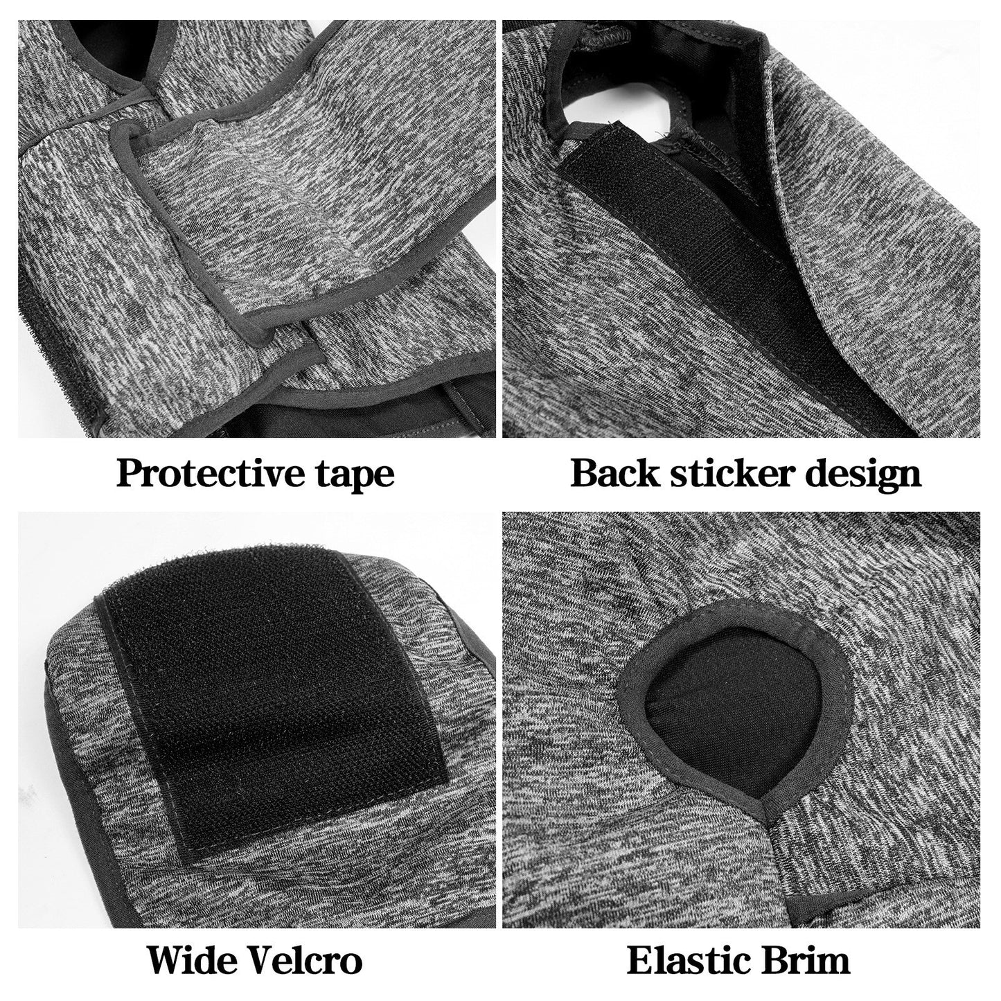 Close-up of dark gray vest straps: wide Velcro and elastic brim