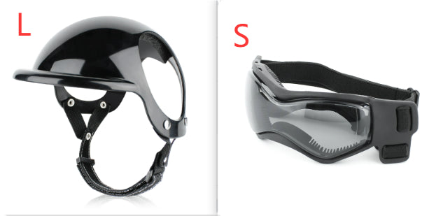 Pet safety helmet sizes shown: black helmet (L) and face shield visor (S)