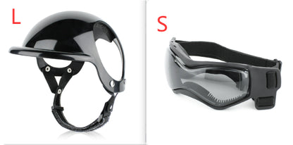 Pet safety helmet sizes shown: black helmet (L) and face shield visor (S)