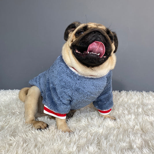 Pet sweater (Blue) with red “Saturday” patch and red-white striped cuffs