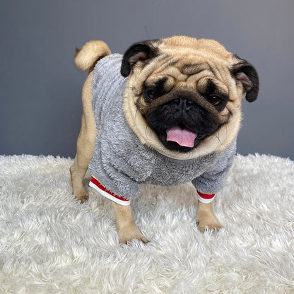 Blue plush pet sweater with “Saturday” patch and red-white striped leg cuffs