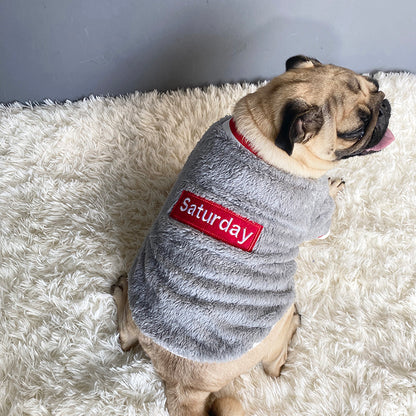 Blue plush pet sweater with “Saturday” label on back and red-white hem trim