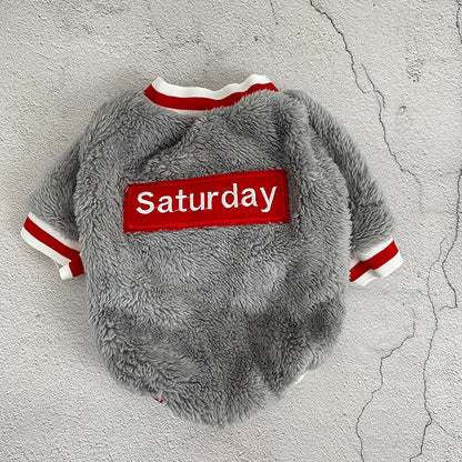 Blue-gray plush pet sweater back view with red “Saturday” patch