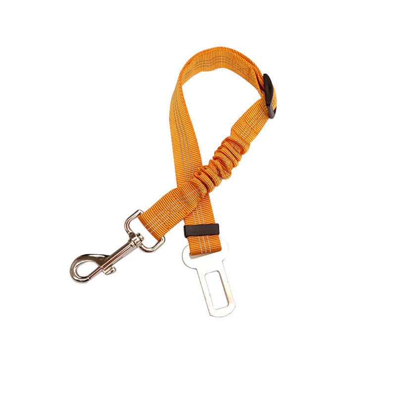 Orange adjustable reflective dog car seat belt with metal clips and locking buckle.