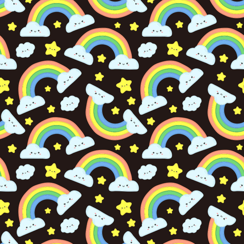 Pet blanket with rainbow, cloud, and star print on dark background