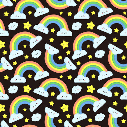 Pet blanket with rainbow, cloud, and star print on dark background