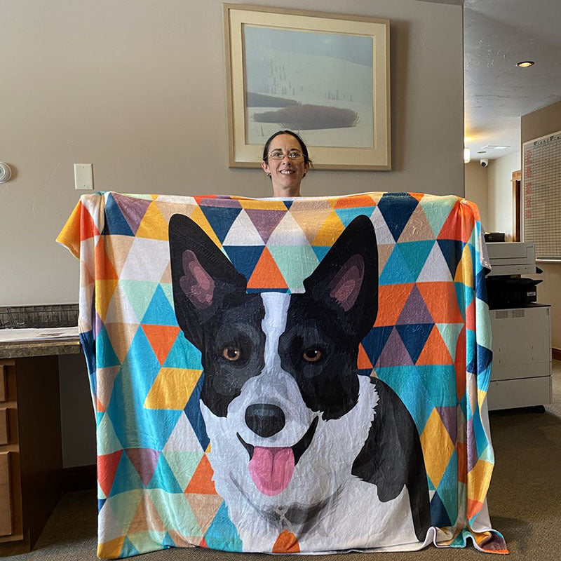Dog pet flannel blanket with black dog face and colorful geometric triangle pattern