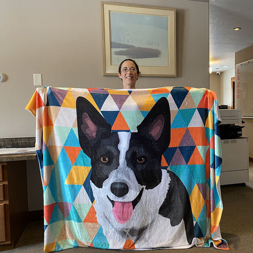 Dog pet flannel blanket with black dog face and colorful geometric triangle pattern