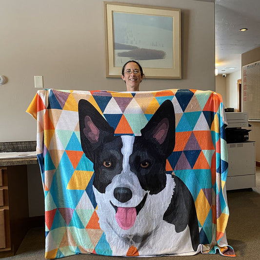 Dog pet flannel blanket with black dog face and colorful geometric triangle pattern