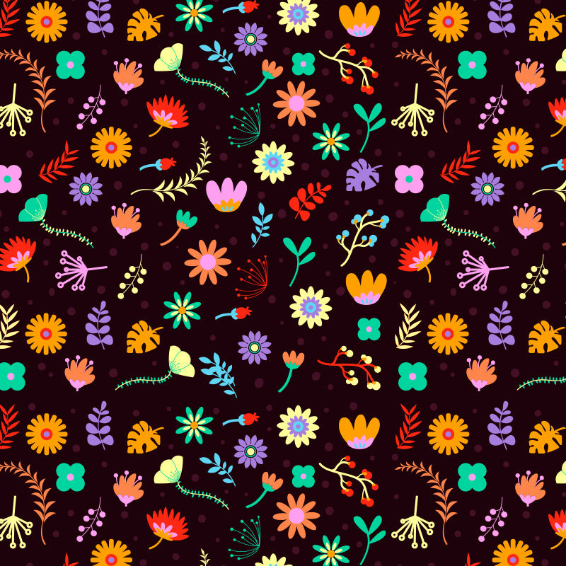 Pet blanket fabric with multicolor flowers and leafy stems on dark background