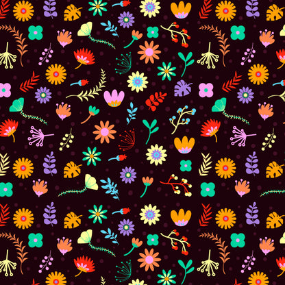Pet blanket fabric with multicolor flowers and leafy stems on dark background