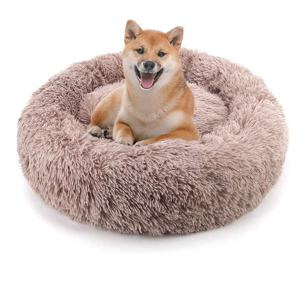 Mauve round plush pet bed with fluffy bolster