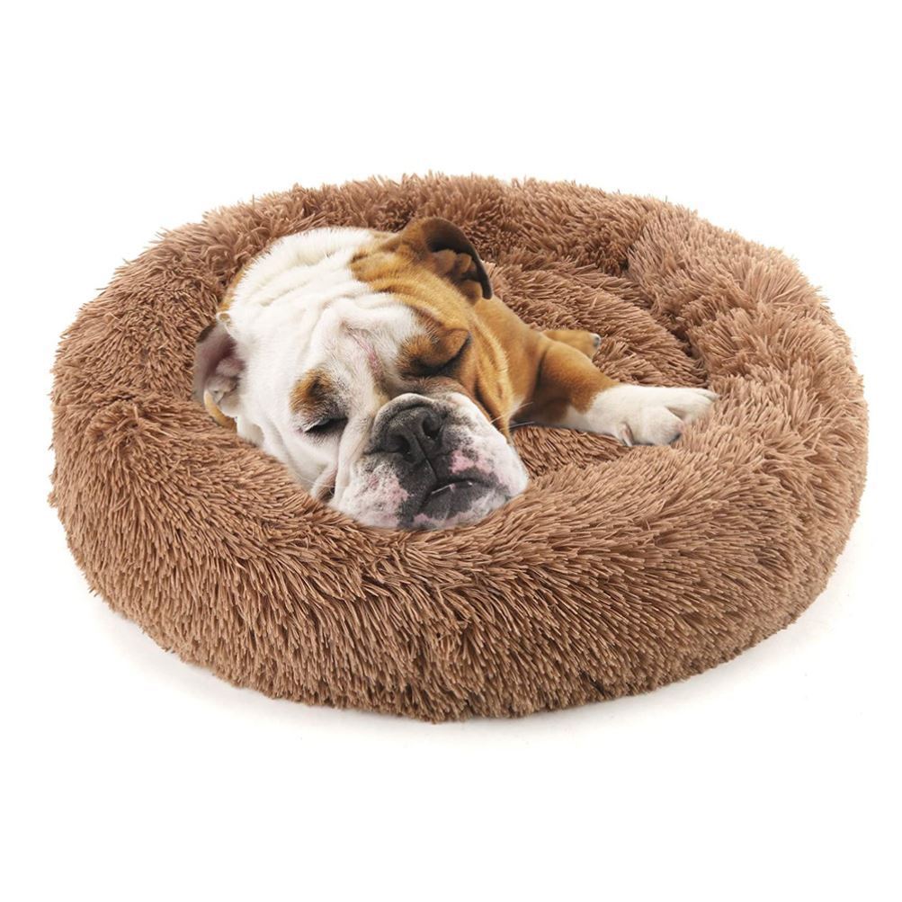 Brown round plush pet bed with thick shag cushion