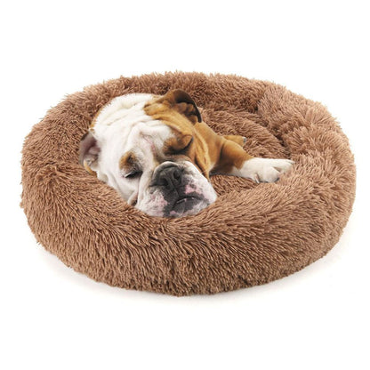Brown round plush pet bed with thick shag cushion