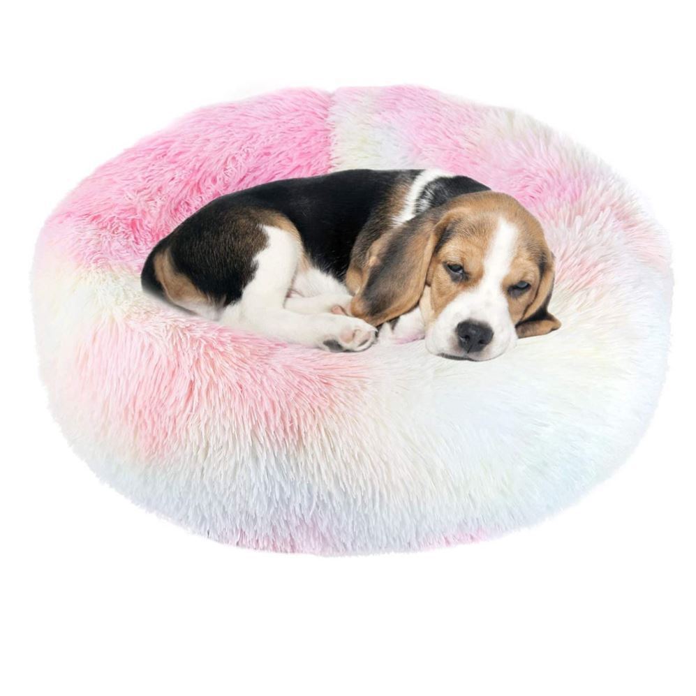 Pink and white round plush pet bed with raised rim