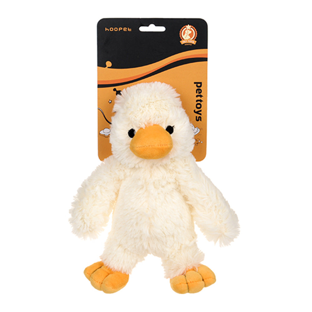 White plush duck toy with orange beak, shown on a retail package card