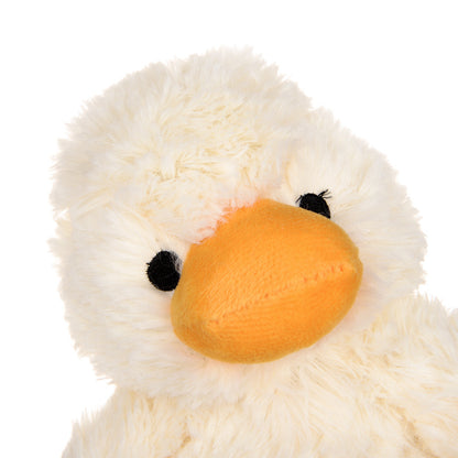 Close-up white plush duck face with orange beak and black eyes