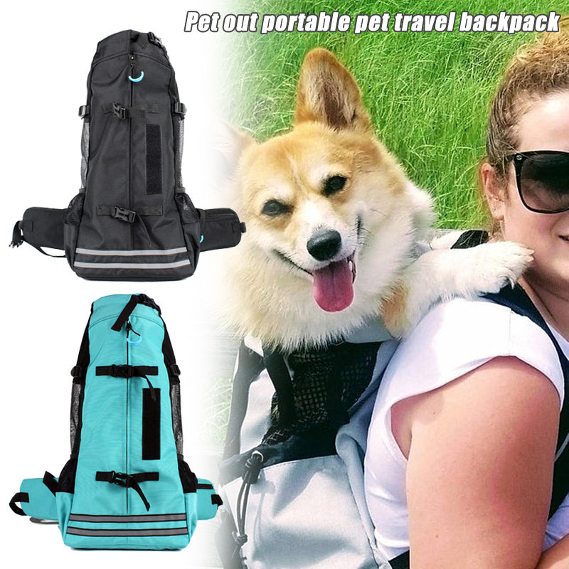 Pet Backpack Breathable Carrier Bag in black and teal, front view with straps