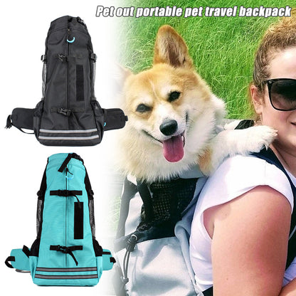 Pet Backpack Breathable Carrier Bag in black and teal, front view with straps