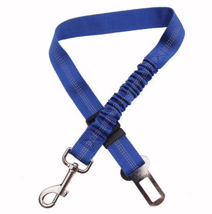 Blue adjustable reflective dog car seat belt with buckle, adjustment loops, and metal hook.