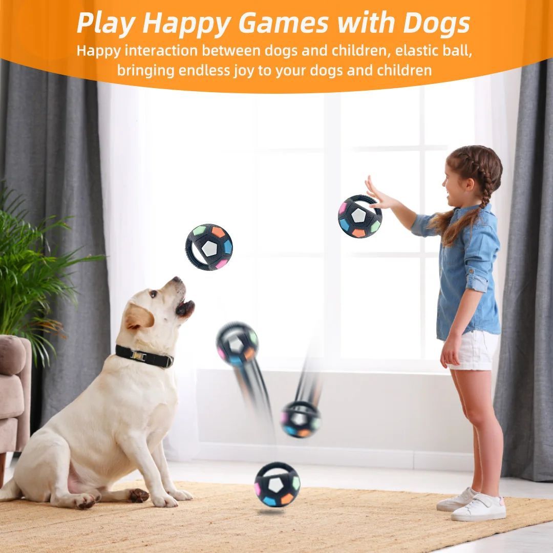 Football-shaped squeaky dog toy with black outer and multicolor hex panels
