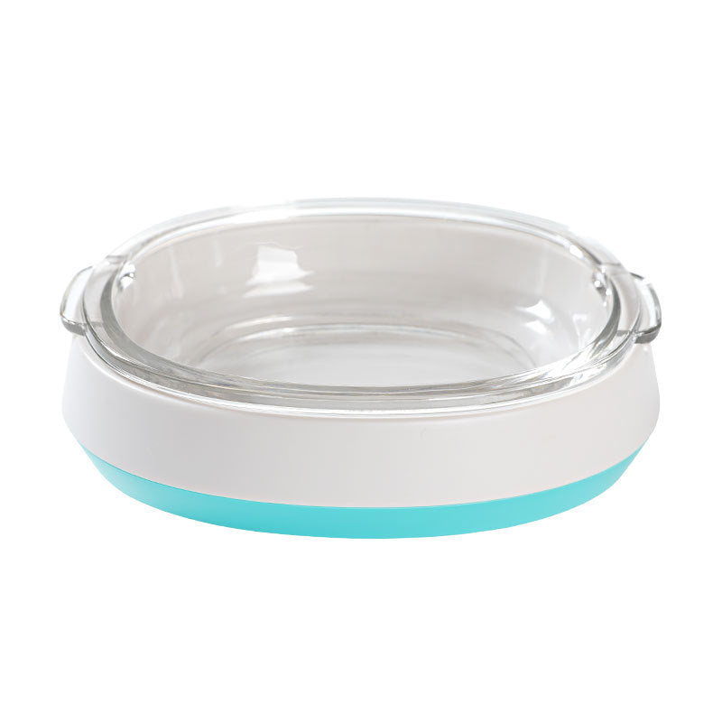 Pet feeding waterer with clear bowl on white base and teal accent ring