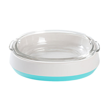 Pet feeding waterer with clear bowl on white base and teal accent ring