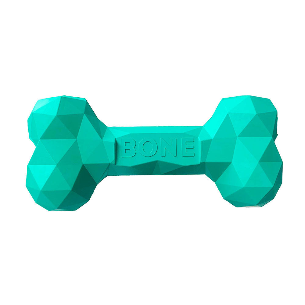 Turquoise geometric rubber bone chew toy with embossed BONE logo