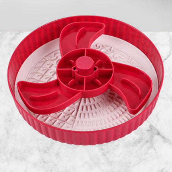 Red-and-white rotating slow-feeding basin with anti-choke silica pad and central rotor