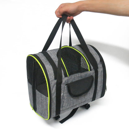 Grey folding pet carrier with neon green trim, front mesh window and carry handle