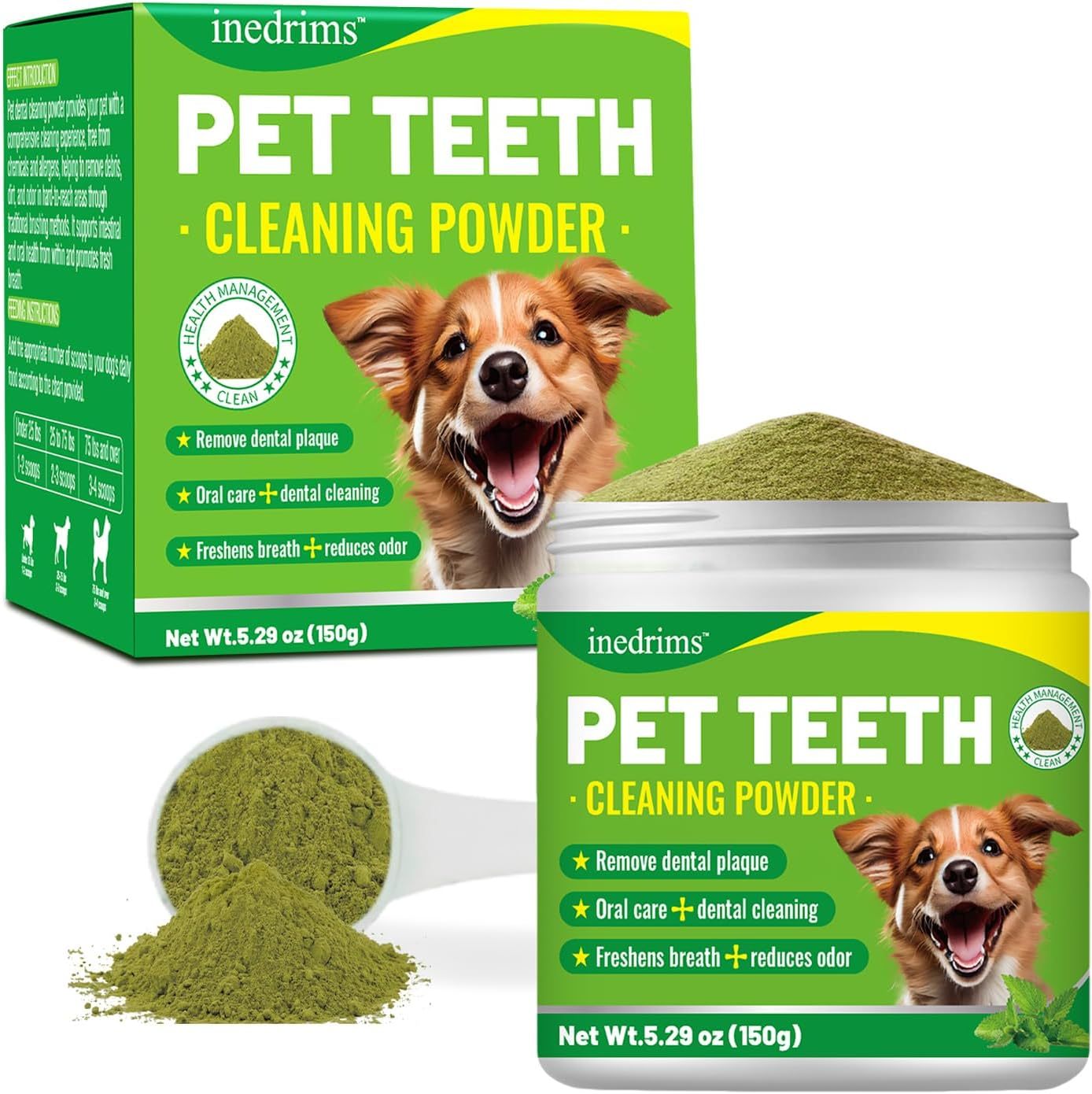 Pet Teeth cleaning powder jar with green powder and scoop, net Wt 5.29 oz (150g)