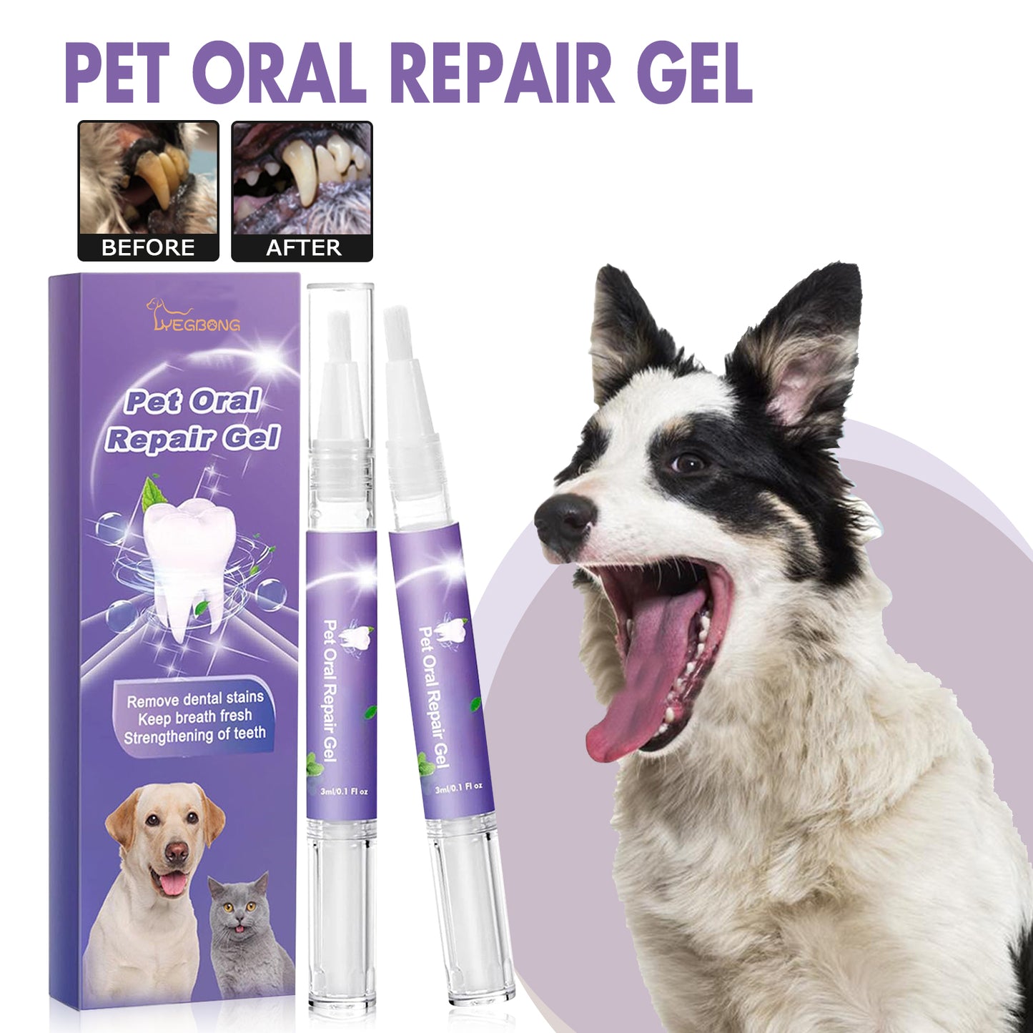 Pet Oral Repair Gel box and two tubes beside a black-and-white dog with open mouth