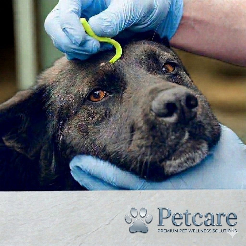 Dog being held gently while a gloved hand uses a green tick removal hook on fur