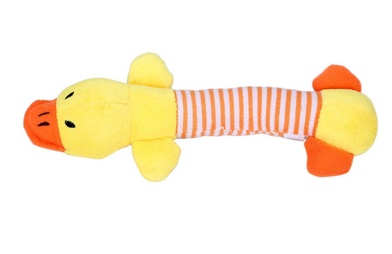 Funny dog squeak plush toy in yellow with orange feet and white striped center