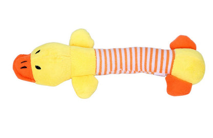 Funny dog squeak plush toy in yellow with orange feet and white striped center