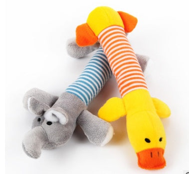 Funny dog squeak plush toy with orange-and-yellow striped legs and blue striped body