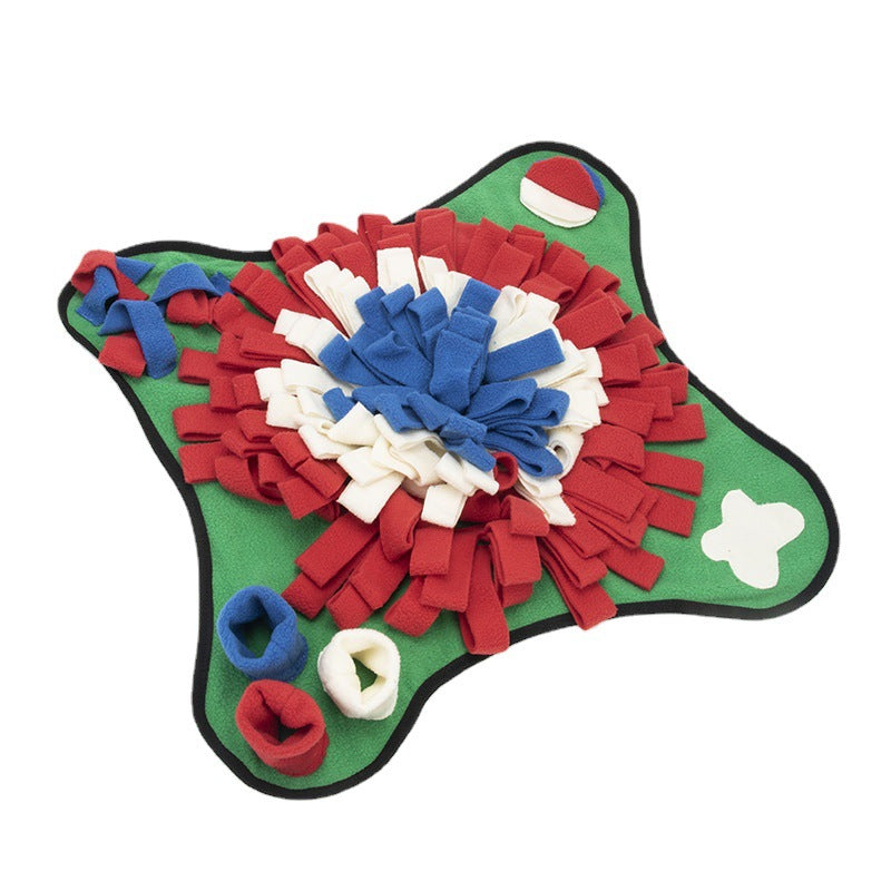 Green bone-shaped sniffing pad with red fleece patches and blue-and-white strip bundles