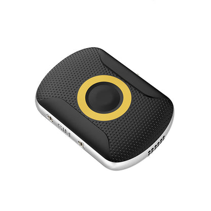 Schwarzer GPS-Tracker mit gelbem Ring, rautenstrukturierter Oberfläche