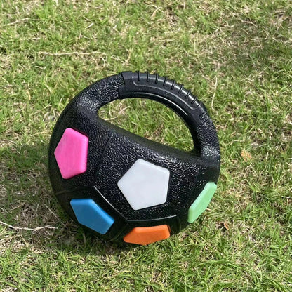 Black football-shaped dog toy with pink, blue, orange and green hex panels