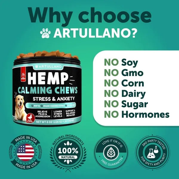 Hemp Calming Chews tub with no soy, no gmo, no corn, no dairy, no sugar, no hormones