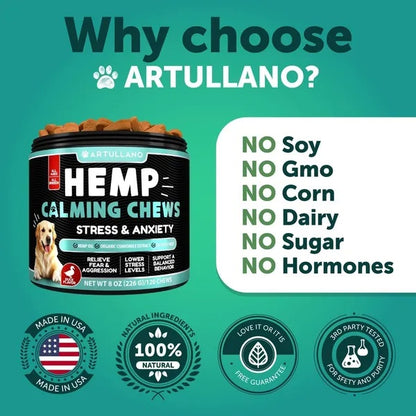 Hemp Calming Chews tub with no soy, no gmo, no corn, no dairy, no sugar, no hormones