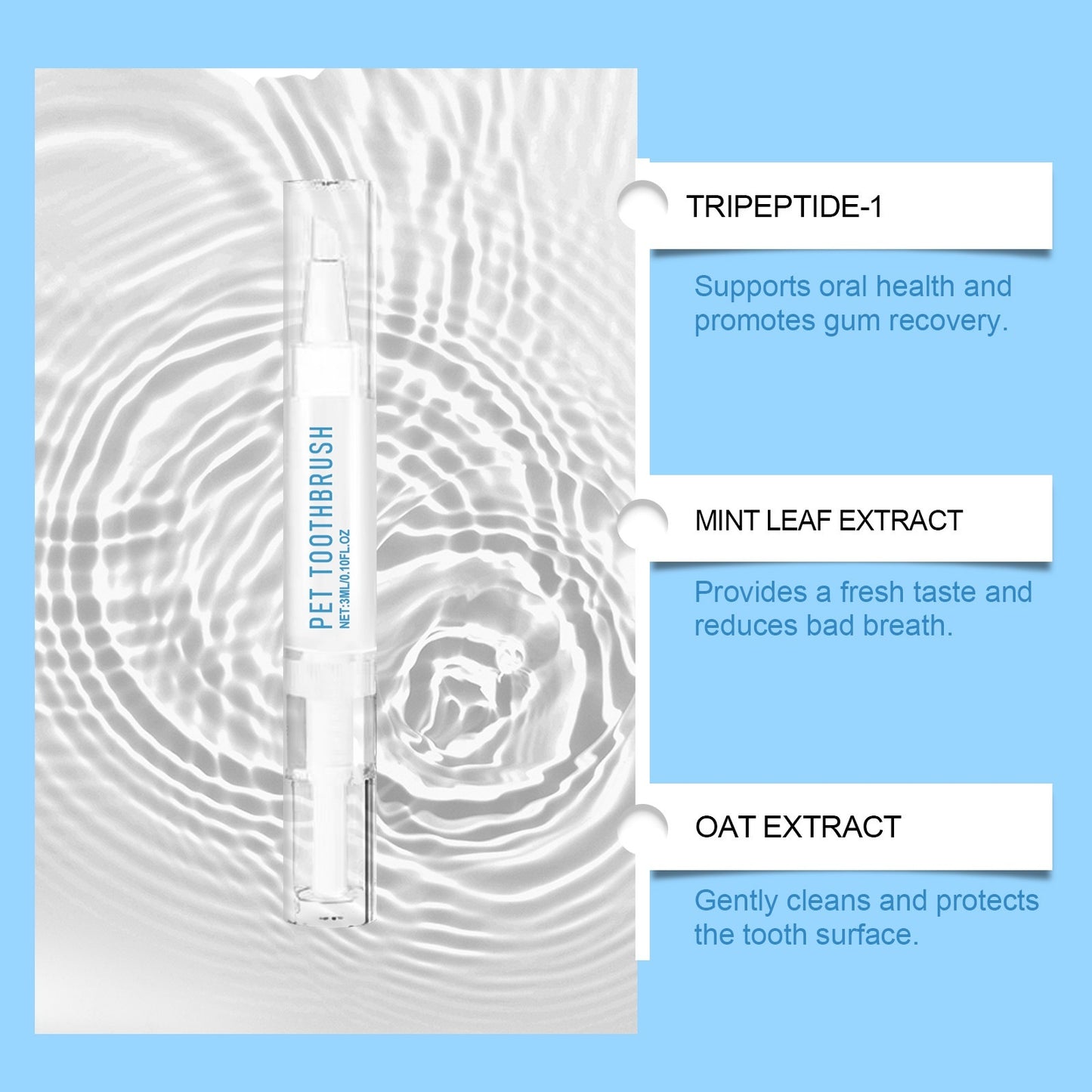 Soft Breath Care Pet Toothbrush Pen with ingredient highlights: tripeptide-1, mint leaf, oat extract