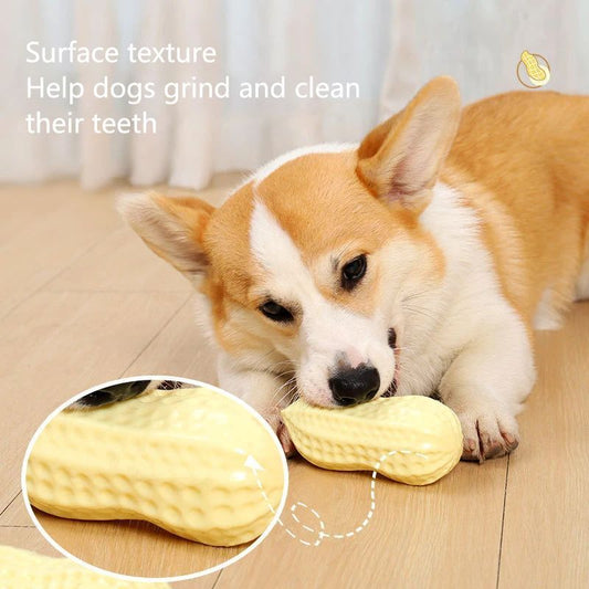 Yellow rubber vinyl peanut chew toy for small dogs, bumpy textured surface