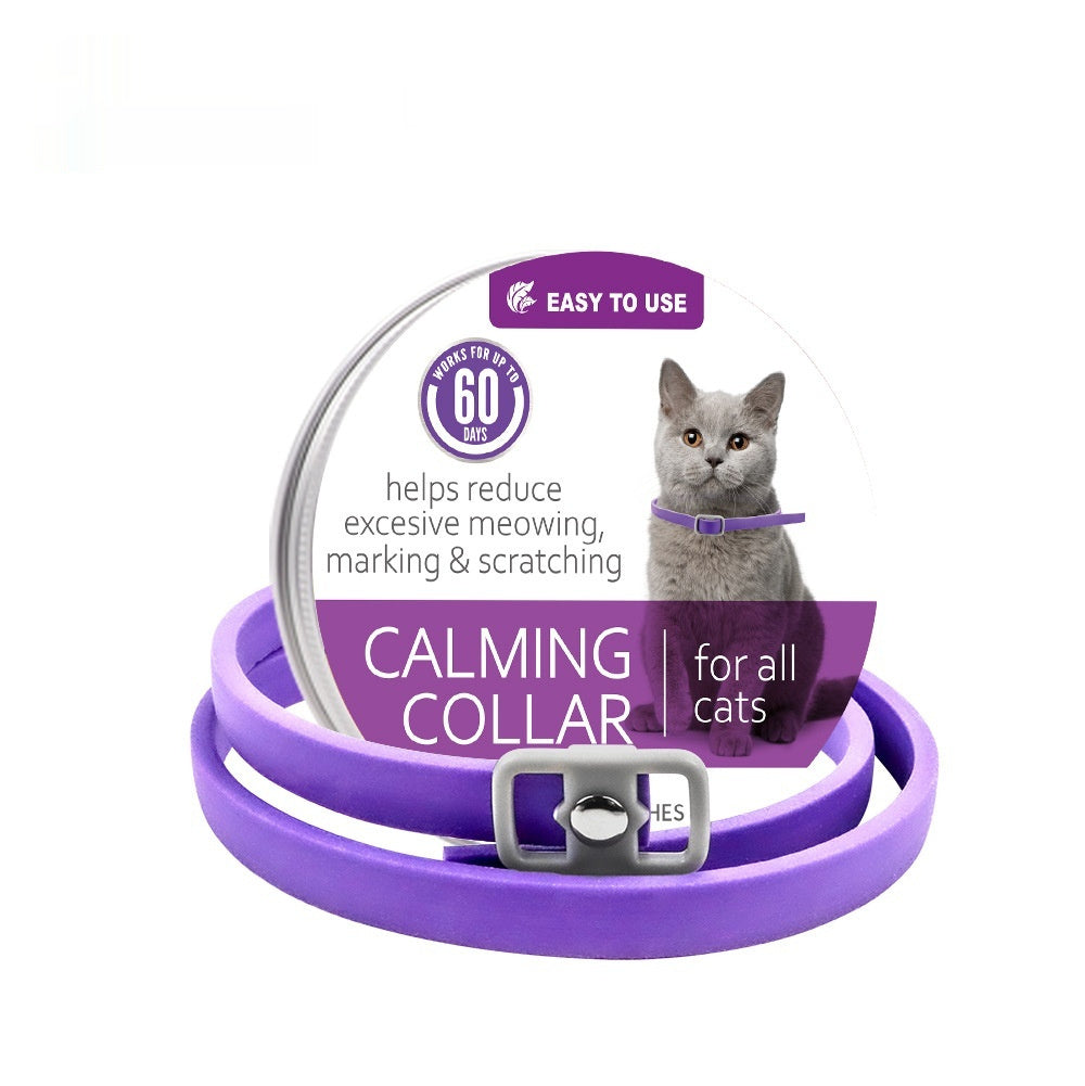 Purple calming collar with buckle, cat shown on packaging card