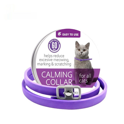 Purple calming collar with buckle, cat shown on packaging card