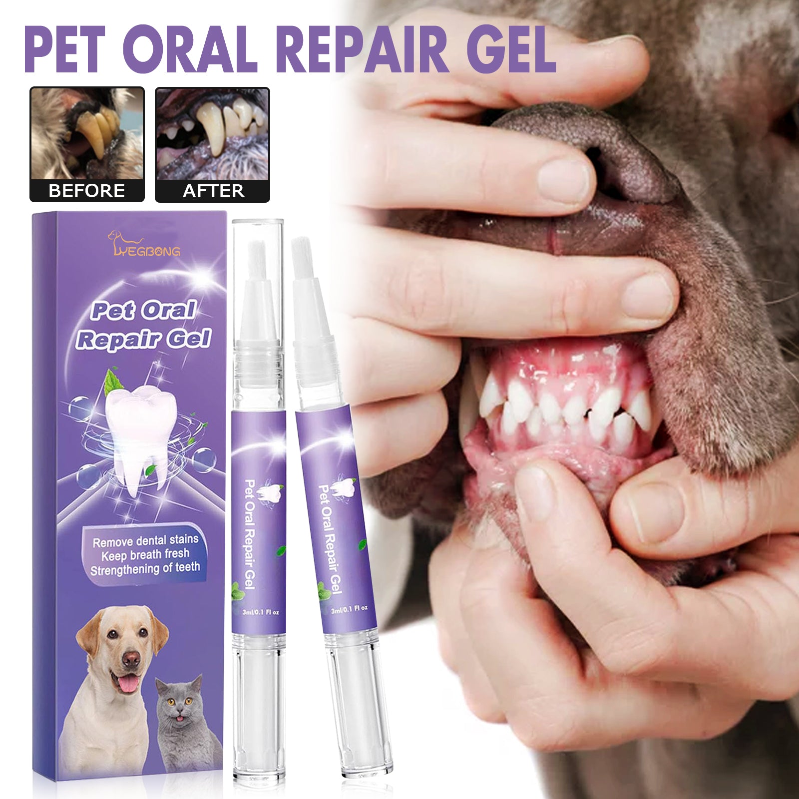 Pet Oral Repair Gel with box and two tubes, gel applied to a dog’s mouth