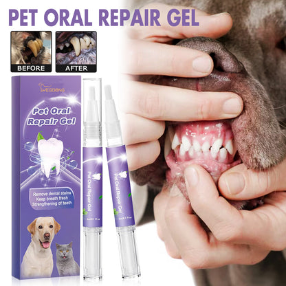 Pet Oral Repair Gel with box and two tubes, gel applied to a dog’s mouth